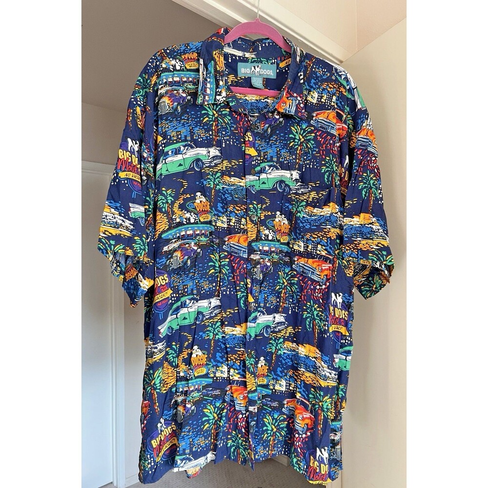Big Dogs Men’s Hawaiian Shirt 2XL Rayon Graphic Print Logo Button Up Vintage